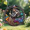 Halloween Witch Black Cat Hanging Sign 2D Flat Acrylic Broom Witch Round Sign Indoor Outdoor Porch Door Hanger Wall Hanging Decoration