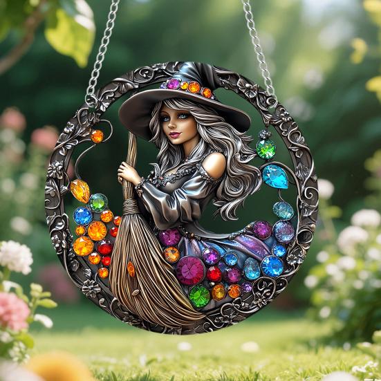 Halloween Witch Black Cat Hanging Sign 2D Flat Acrylic Broom Witch Round Sign Indoor Outdoor Porch Door Hanger Wall Hanging Decoration