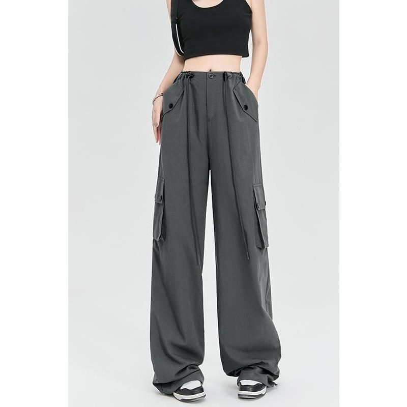 Modne casualowe spodnie cargo z szerokimi nogawkami dla kobiet, eleganckie spodnie damskie z wysokim stanem, długie spodnie ogrodniczki 2024 nowe luźne spodnie wiosenno-letnie proste spodnie 2395