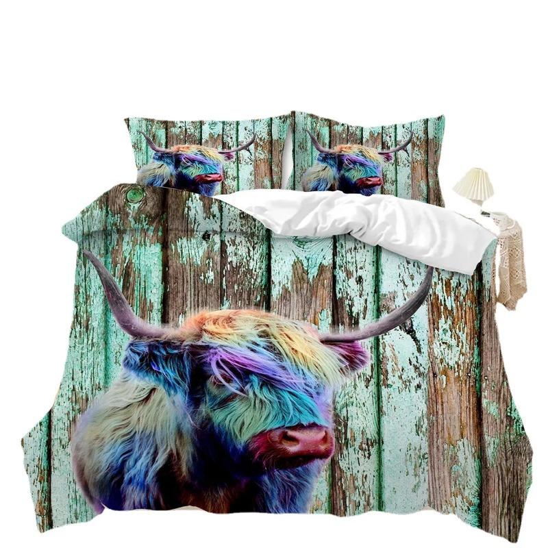 Colored Wool Horse Comforter Cover Set Bedding 3D Print Wood Planks, Green Paint Retro Background Wall Duvet Cover +Pillowcase