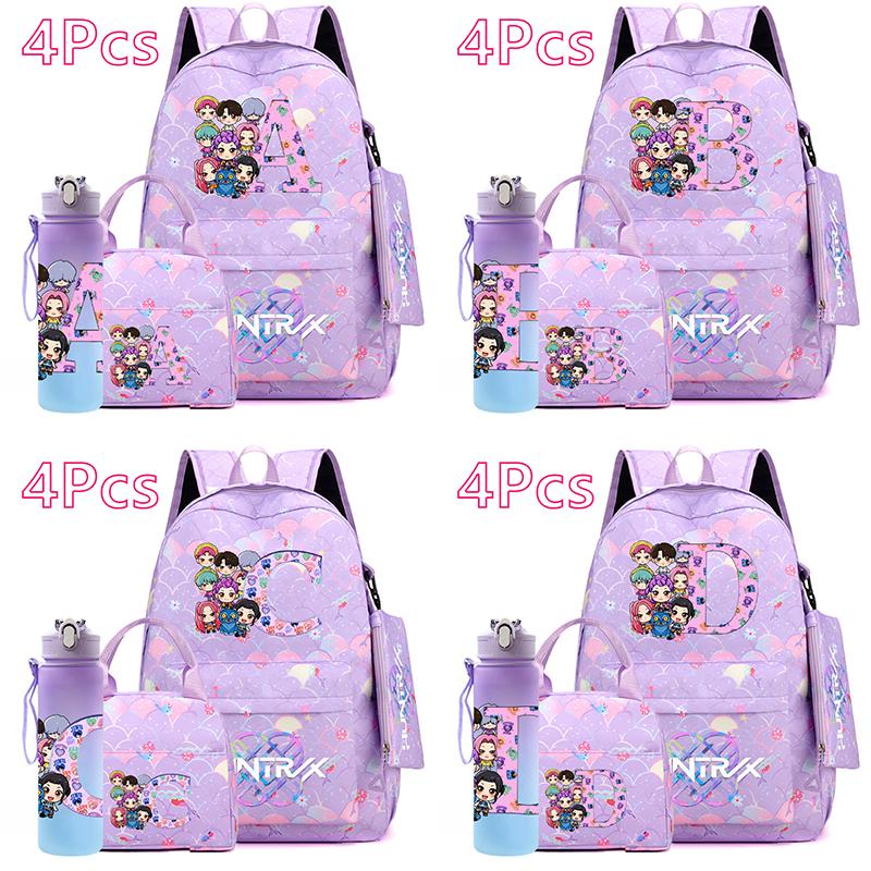 4Pcs/set 26 English Letter KPOP Printed Backpack with Handbag Pencil Case 750Ml Water Bottler for Teenager Boy Girl Large Capacity Bookbag Schoolbag