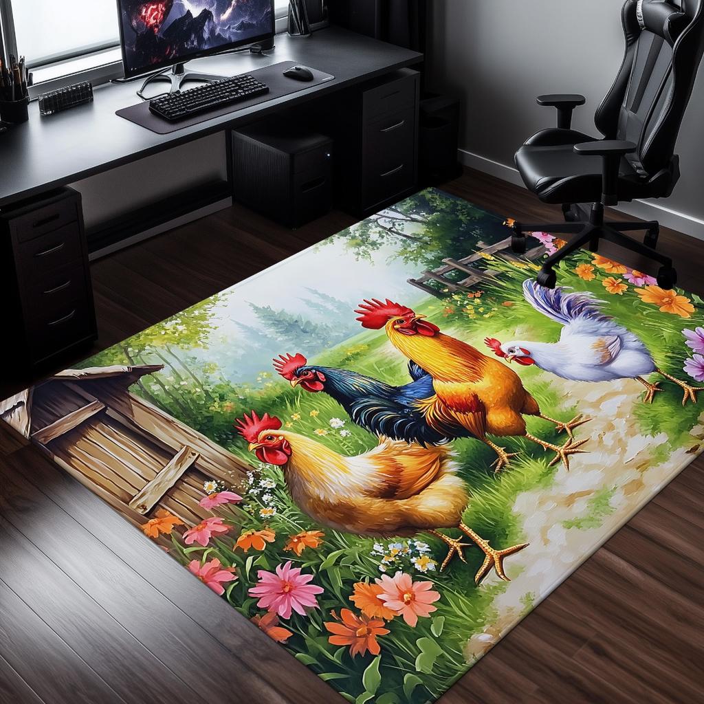 Farmyard Chickens Scene Crystal Velvet Rug Rustic Country Theme Living Room Decor Colorful Animals Print Soft Floor Mat for Home