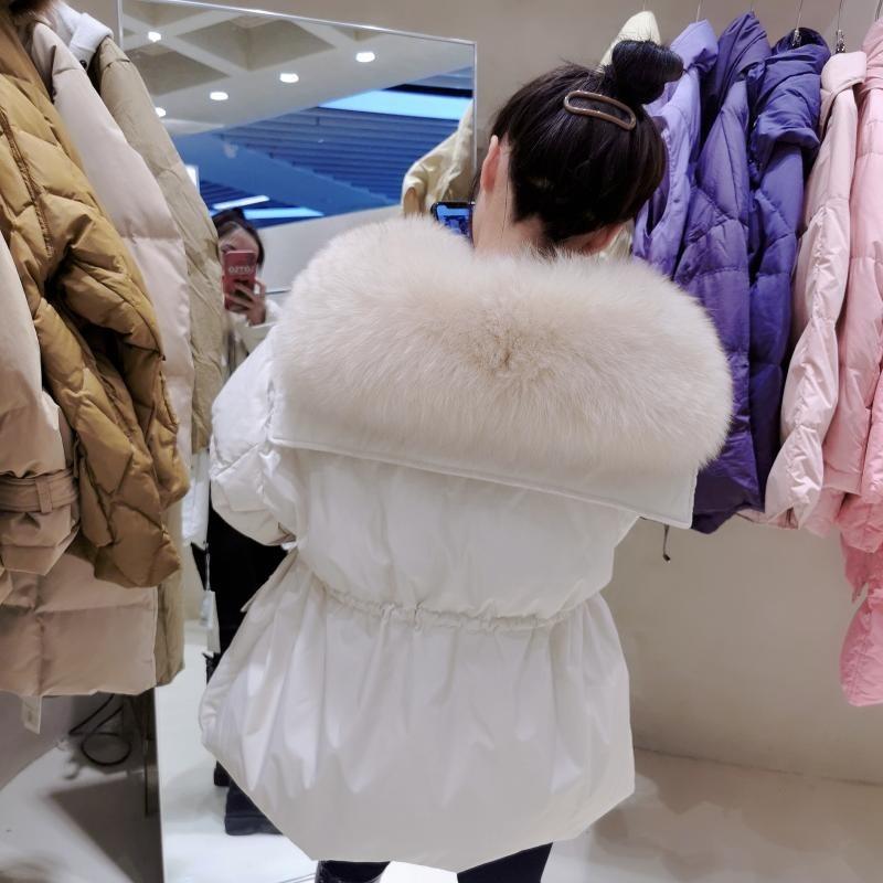 Womens Short Puffer Jacket With Real Fox Fur Collar Drawstring Waist Loose Fit Down Fill Winter