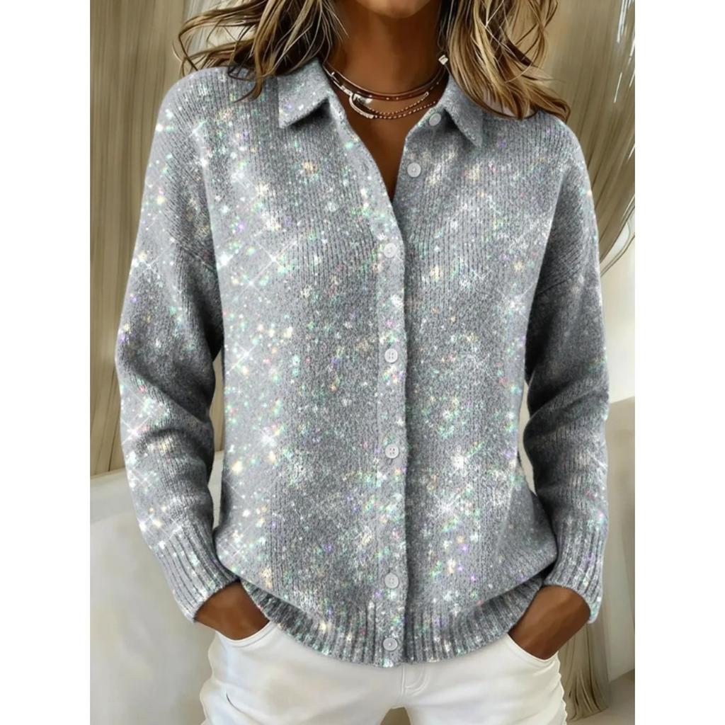 Damenhemd mit Revers und Strickjacke, Einfarbig gestrickt, 3D-Druck, Weihnachten, Herbst, Winter