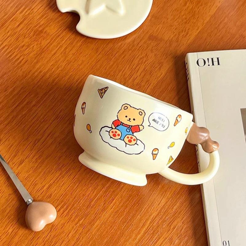 Cartoon Bear Coffee Cup High Value Mug with Cover Spoon Pink Rabbit Ceramic Cup Couple Cup