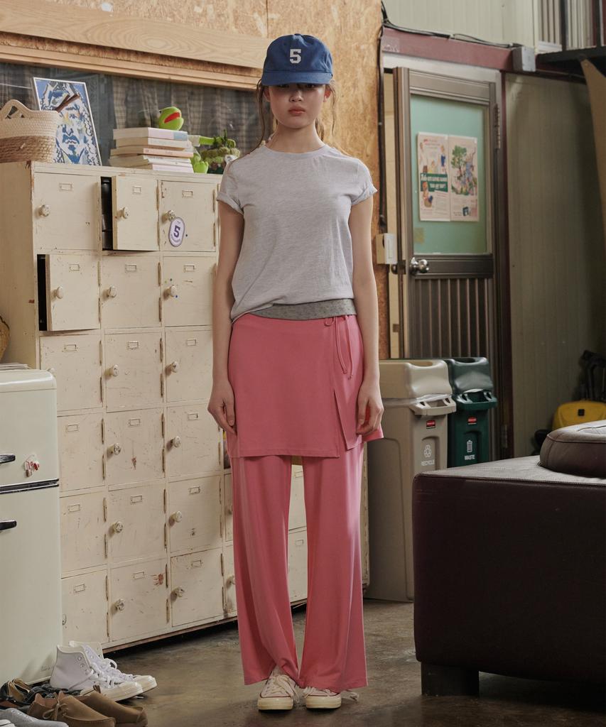 Okkitteu Layered Wrap Skirt Pants Pink