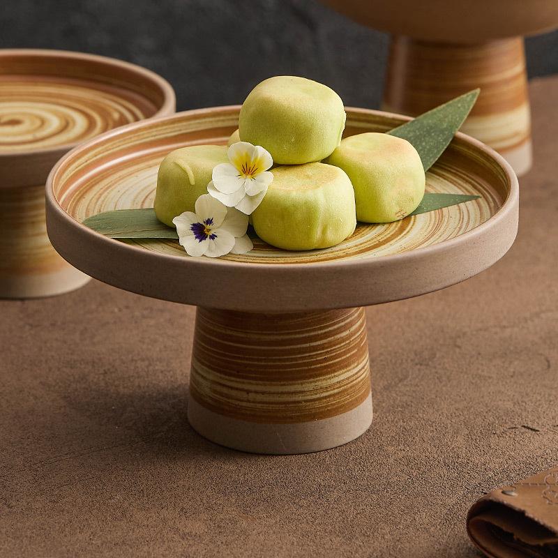 BRCoarse Pottery Fruit Platter Restaurant Dessert Snack Platter Molecular Cuisine Tableware Retro High Footed Salad Sashimi PlateEY