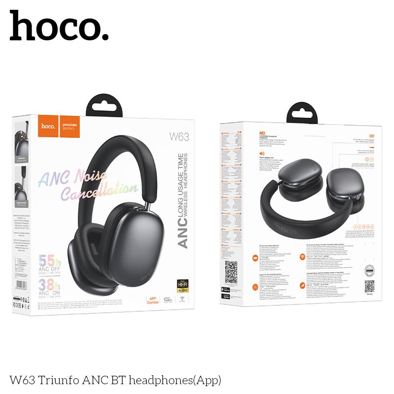 Hoco W63 Triunfo Kablosuz Kulaklık, Bluetooth 5.4, ANC'li, Uygulama Kontrollü, 55 Saat Çalma Süresi, Rahat Kulak Üstü Tasarım