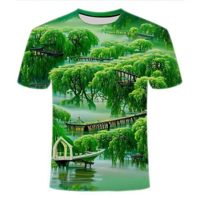 3D digital printed T-shirt for men, simple casual top, landscape design, round neck, comfortable, breathable, fashionable men's clothing