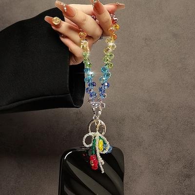 Fashionable Flower Crystal Mobile Phone Pendant Chain Short Hand-Held Luxury Accessory High-End Colored Design