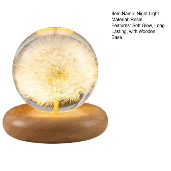 Dandelion Night Light with Wooden Base Warm Glow Eternal Flower Romantic LED Crystal Ball Lamp