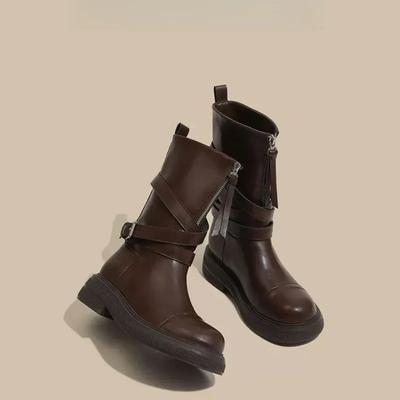 Vintage Brown -length Boots Women's New Niche Thick Base British Style Zipper-up Western Short Boots