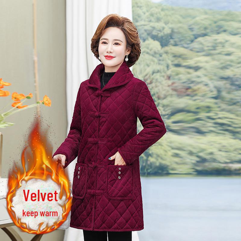 Corduroy Cotton Lapel Coat for Middle-Aged & Elderly Women - Warm, Thickened, Medium-Long Winter Jacket