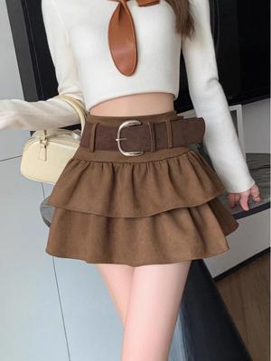 Air Layer Suede Plush High Waist Petite Slimming A-Line Skirt - 2025 Autumn/Winter Collection