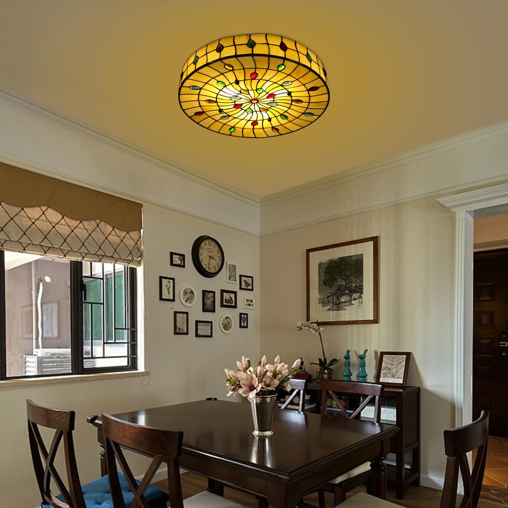Tiffany Style Flush Mount Ceiling Light W/ E26 Holder– 18 Inch Round Modern Ceiling Lamp W/ Peacock Pearls for Bedroom, Kitchen
