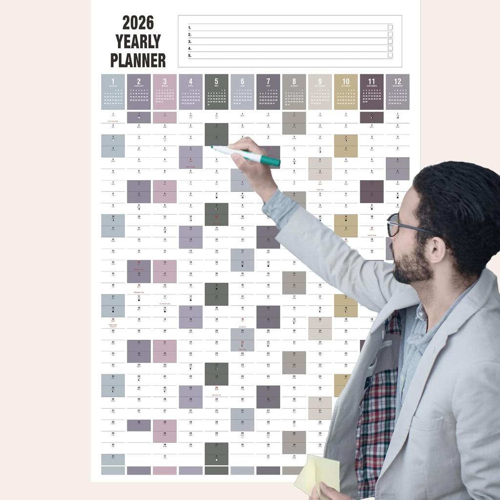 Yearly Wall Calendar 2026,Double Side Paper Full Year Wall Calendar One Page, 365 Day Calendar at One Glance, 23"X 33", Paper Folded,