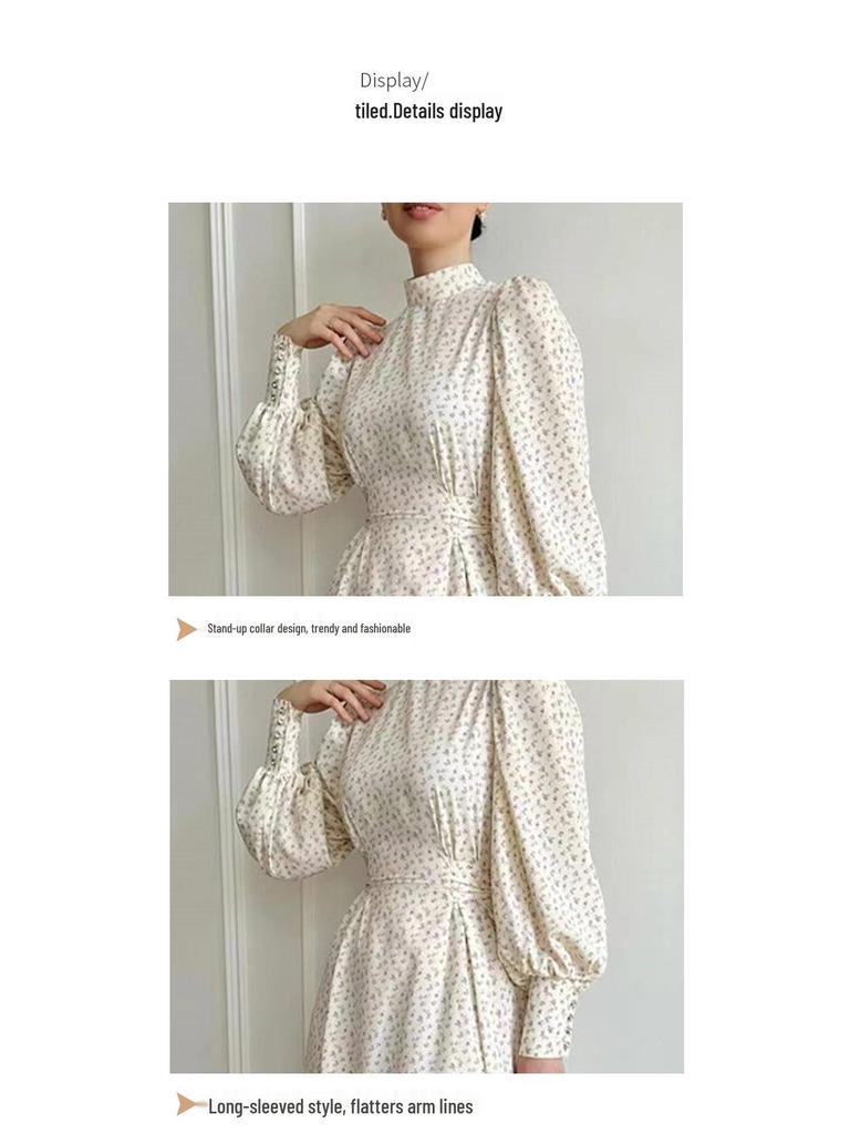 Elegant Long Sleeve Print Dress with Slim Fit Waist