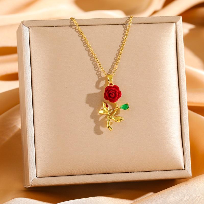 Titanium Steel Rose Flower Pendant Necklaces, Gold Plated Enamel Romantic Jewelry for Daily Wear & Gift
