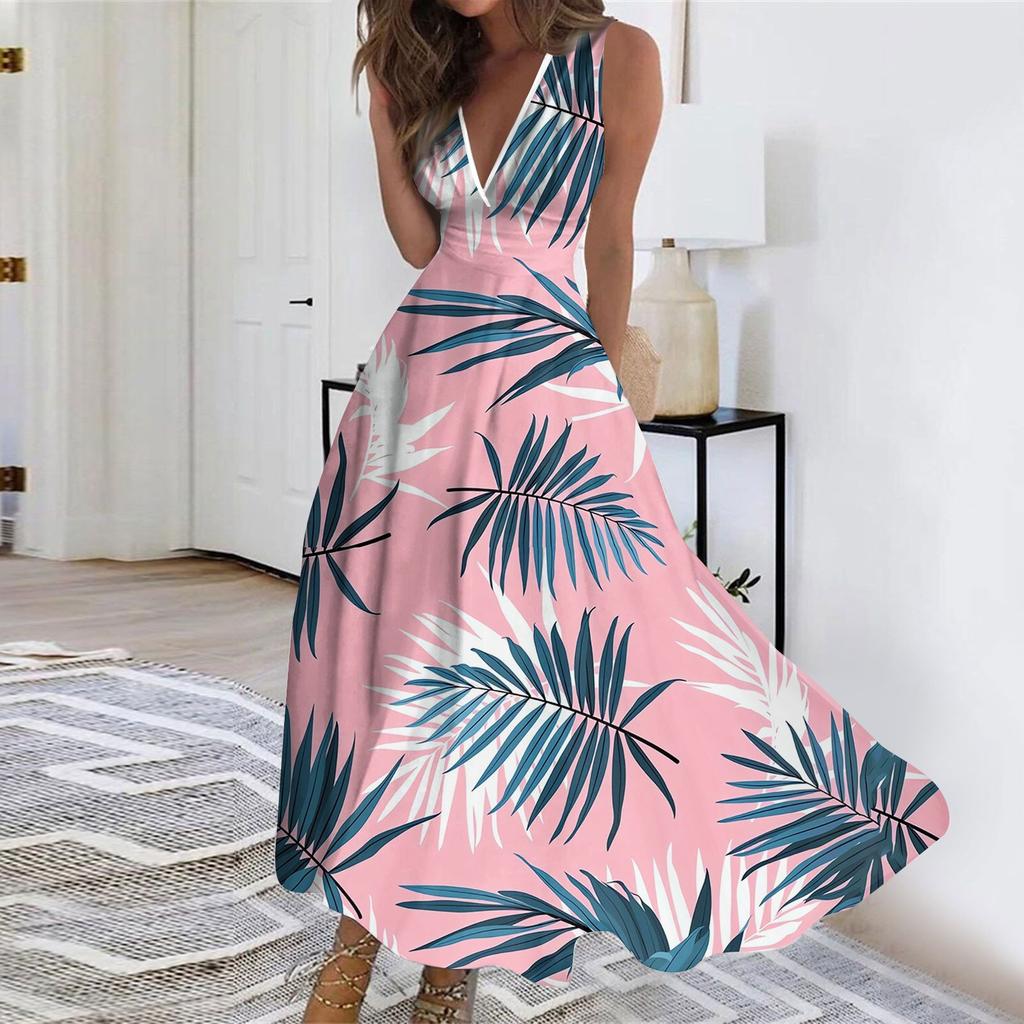 Women's Fashion Summer Floral Print V-Neck Sleeveless Tunic Casual Dresses