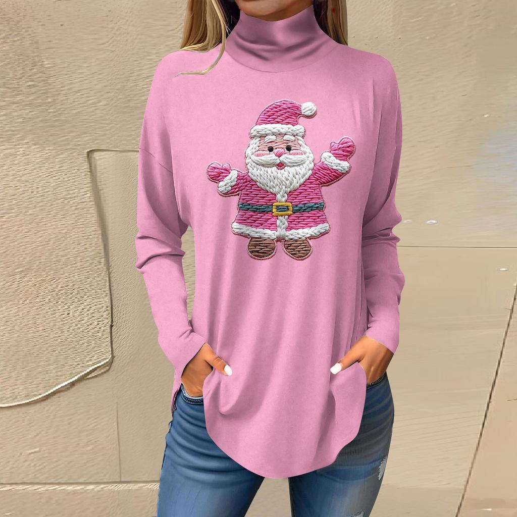 Women's Fashionable Loose-Fit High-Neck T-Shirt With Christmas Print Long-Sleeved Top