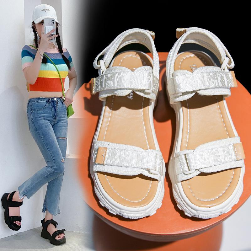 Thick Soled Sandals for Women In Summer 2025, Fashionable and Versatile, Worn with Velcro for Students, Non Slip and Soft Soled Sports Beach Shoes