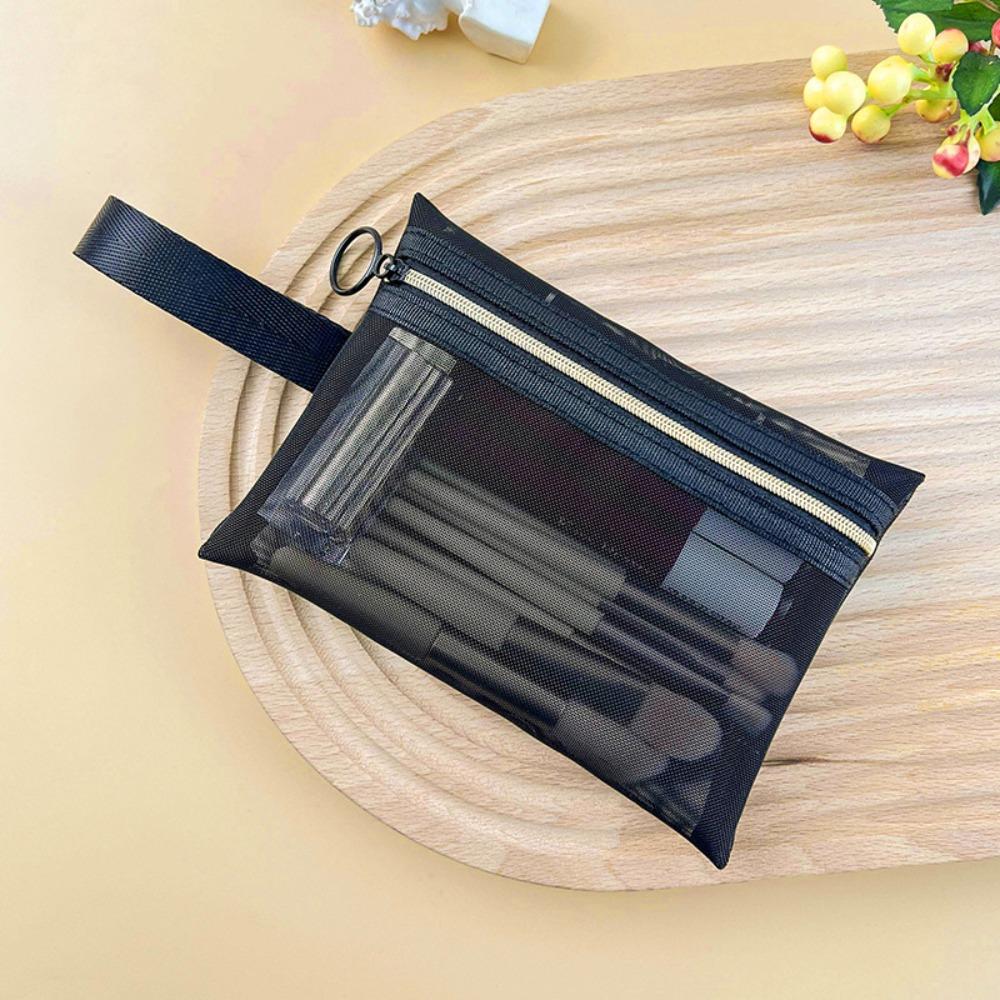 Durable Mesh Cosmetic Bag Black Translucent Lipstick Key Storage Pouch Portable Zipper Travel Toiletry Bag