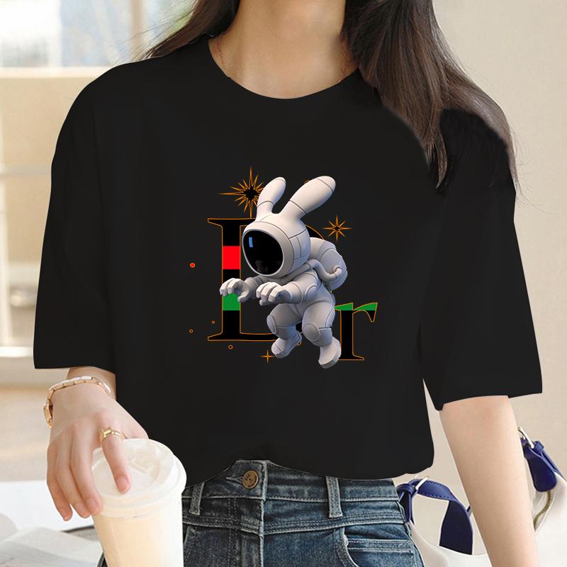 Cotton Spring/Summer Trendy Brand Rabbit Printed Short Sleeve Light Luxury Women's Round Neck Loose Casual Trendy T-shirt