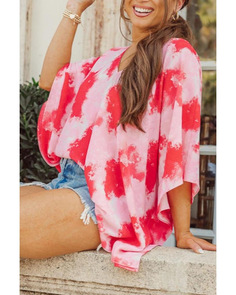 Azura Exchange Red Plus Size Tie-dye Print 3/4 Sleeve Tunic Top