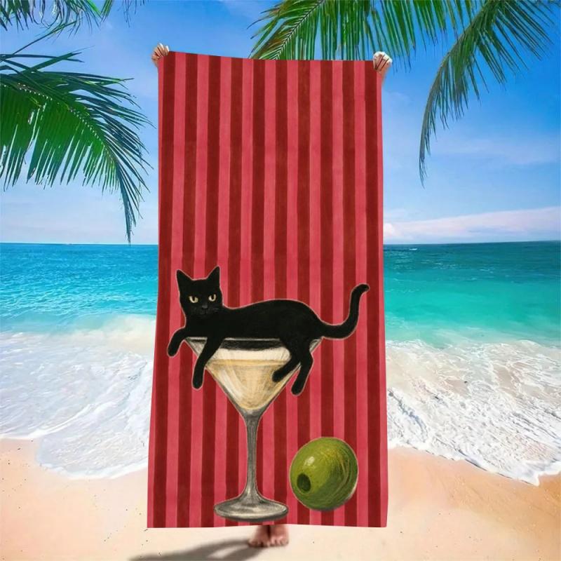 Funny Black Cat Beach Towel Super Absorbent Quick Dry Microfiber Bath Blanket Retro Red Stripes for Picnic & Seaside Relaxation
