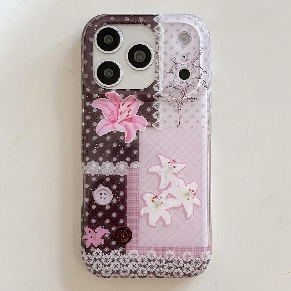 

Lace Trim Girly Vintage Lace Lily Patchwork Floral Polka Dot Phone Case for iPhone 17ProMax 16 15 14 Pro Max 13 Back Phone Cover iPhone 13