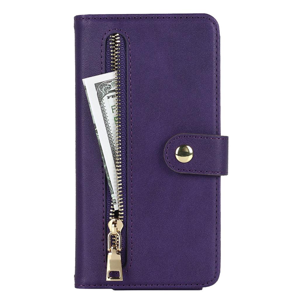 For iPhone 14 Plus Stand Case PU Leather Phone Cover with Straps/Zipper Wallet/Multiple Card Slots