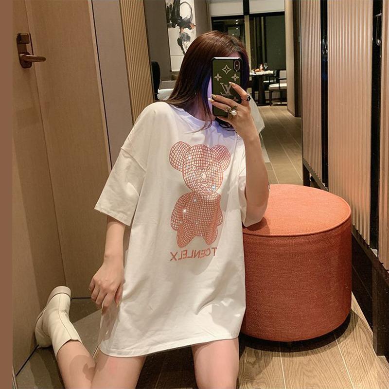 

Женская блестящая золотая бриллиантовая футболка с коротким рукавом и принтом медведя в стиле хип-хоп, свободная повседневная футболка XXL красный/белый