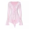 Spot European and American 2026 autumn temperament slim ruffle edge solid color horn long sleeve strap dress women