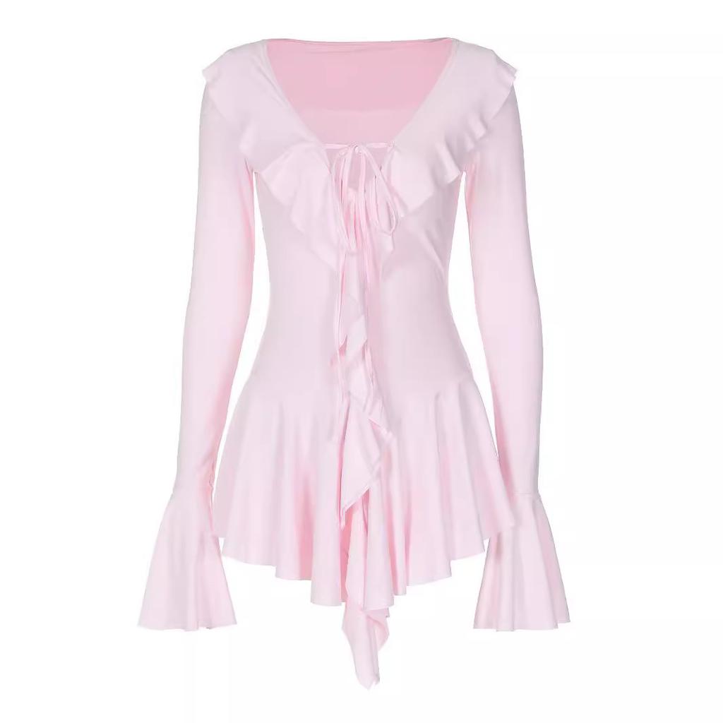 Spot European and American 2026 autumn temperament slim ruffle edge solid color horn long sleeve strap dress women