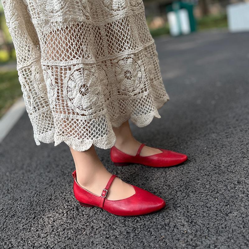 Johnature Retro Buckle Strap Pointed Toe Soft Soled Soft Cowhide Women's Genuine Leather Flats Shoes