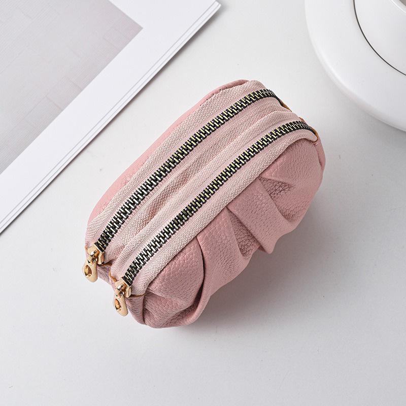 PU Leather Ruched Double-Zip Metal Keyring Multi- Coin Purse Key Pouch