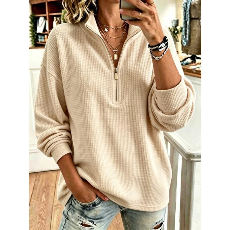 Women Loose Half Zip Half Collar Waffle Knit Hoodie Long Sleeve Pullover