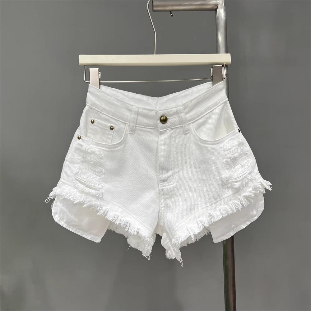 2026 Women s High-Waisted White Denim Fringed Shorts: Stylish A-line Summer Hot Pants Small