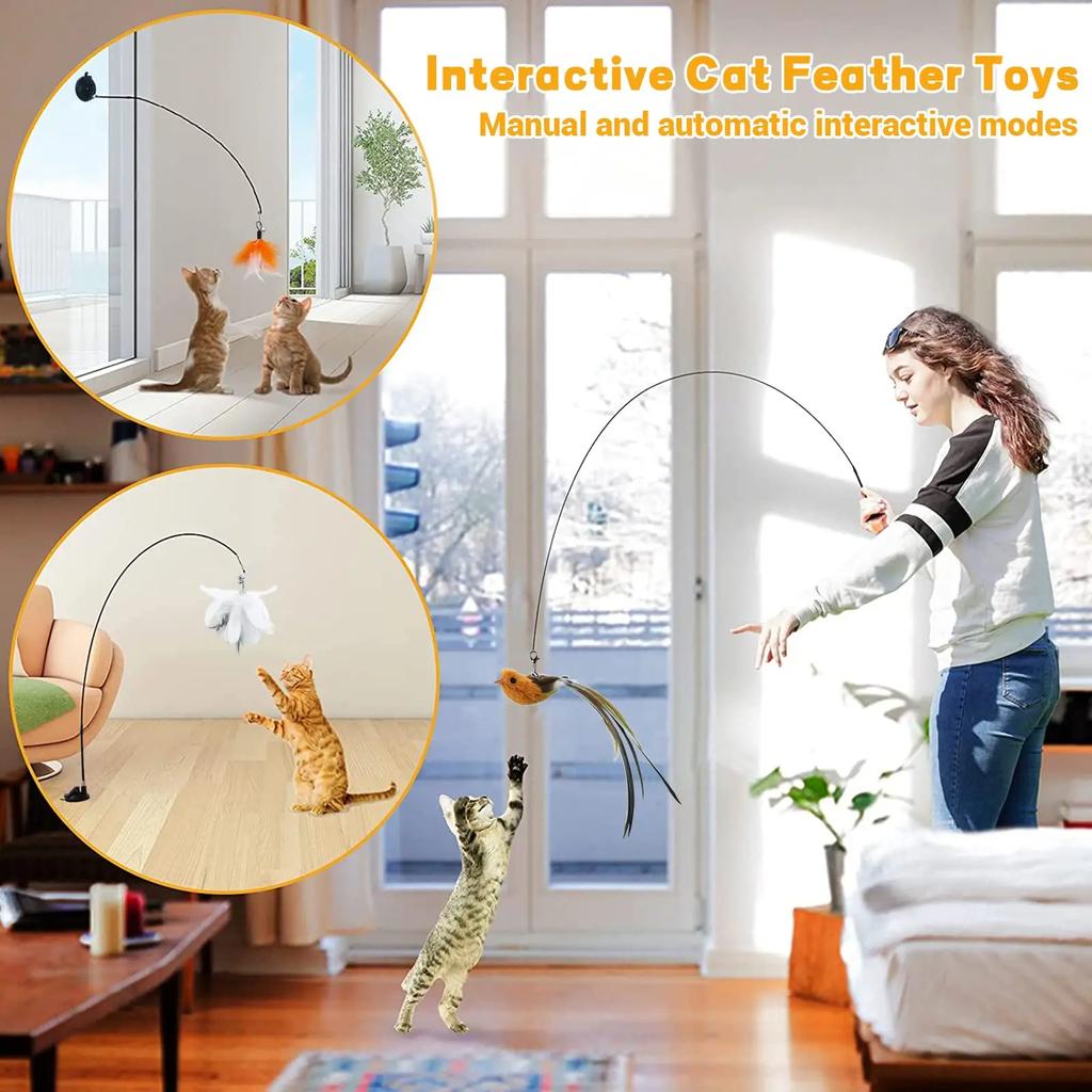 Interactive Cat Toys Feather Wand with Super Suction Cup Detachable 2 PCS Feather Replacements Kitten Play Toy