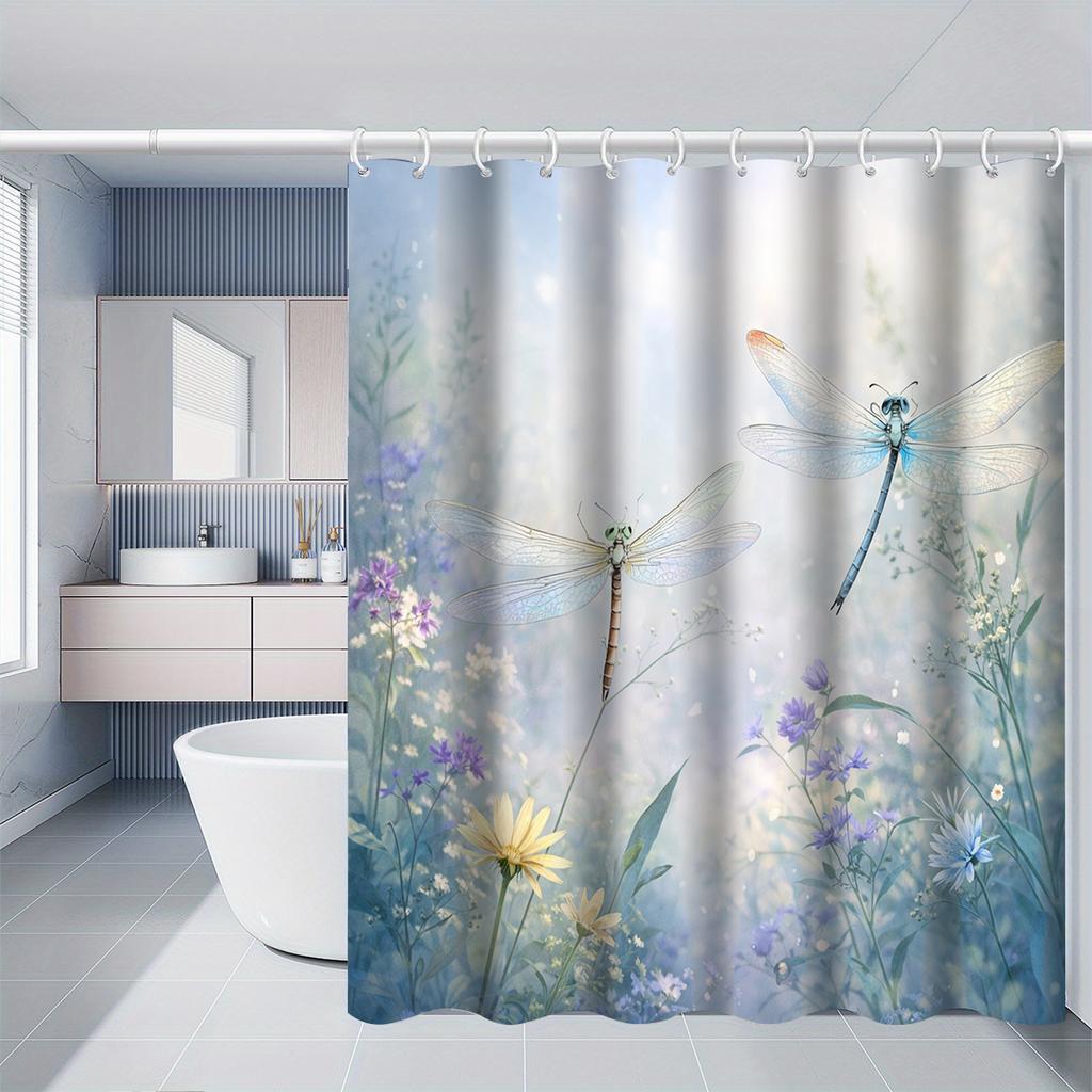 Dragonfly And Flowers Shower Curtain Waterproof Easy To Clean Privacy Protection Print Nature Garden Design Soft Blue Art