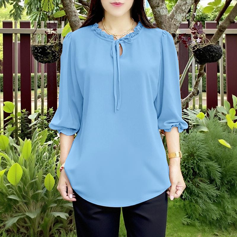 

ZANZEA Women Casual Round Neck Solid Color 3/4 Sleeve Loose Blouse 5XL синий