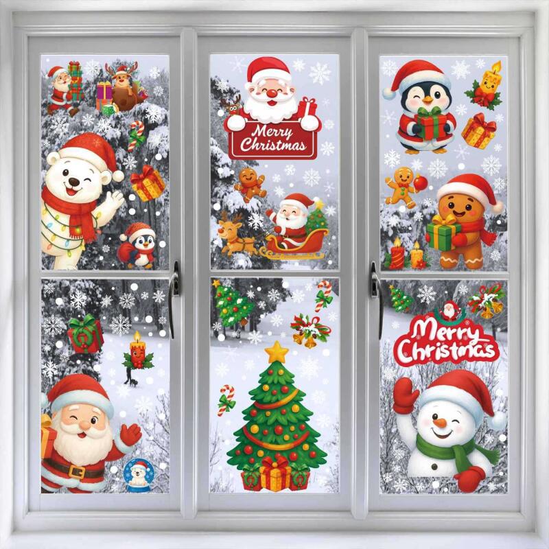 Christmas Static Cling Stickers - Reusable Santa Snowflake Window Decals for Glass Tiles with Slavic Folk Motifs