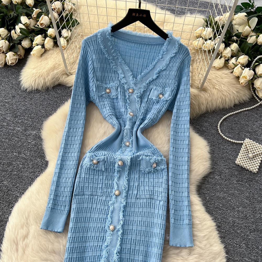 Neue Damenkleider Herbst Winter Vintage Patchwork Strick-Midikleid Elegant V-Ausschnitt Damen Rüschenhemd Pulloverkleid