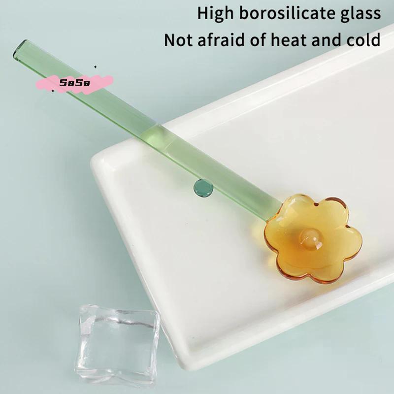 Long Handle Glass Spoon Creative Transparent Glass Dessert Spoon Flower Shaped Colored Coffee Stirring Spoon Stick Bar