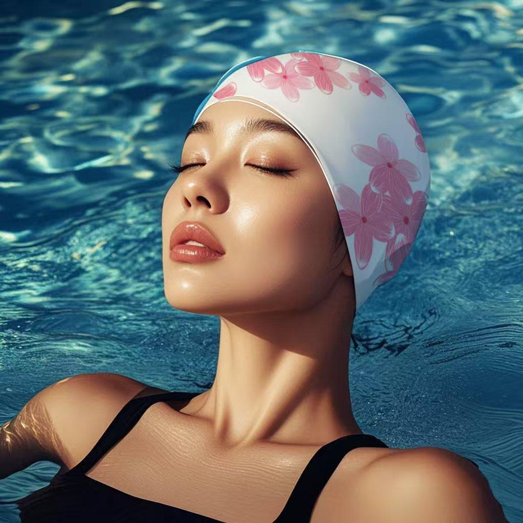 Silikon-Badekappe für Damen, Wasserdichte Badekappen für lange Haare mit Blumenmuster