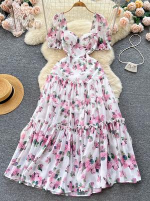 Beach Vacation Floral Print Dress Women Backless Lace Up Cross Ruched Fashion Party Long Dress Fashion Short Sexy Slim Clothes