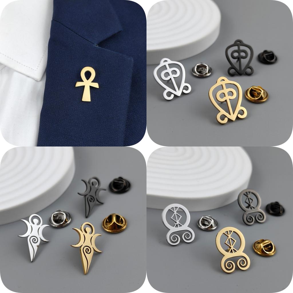 Ancient mythological symbols stainless steel brooch, key of life/swirling goddess/troll cross emblem, classic guardian jewelry.
