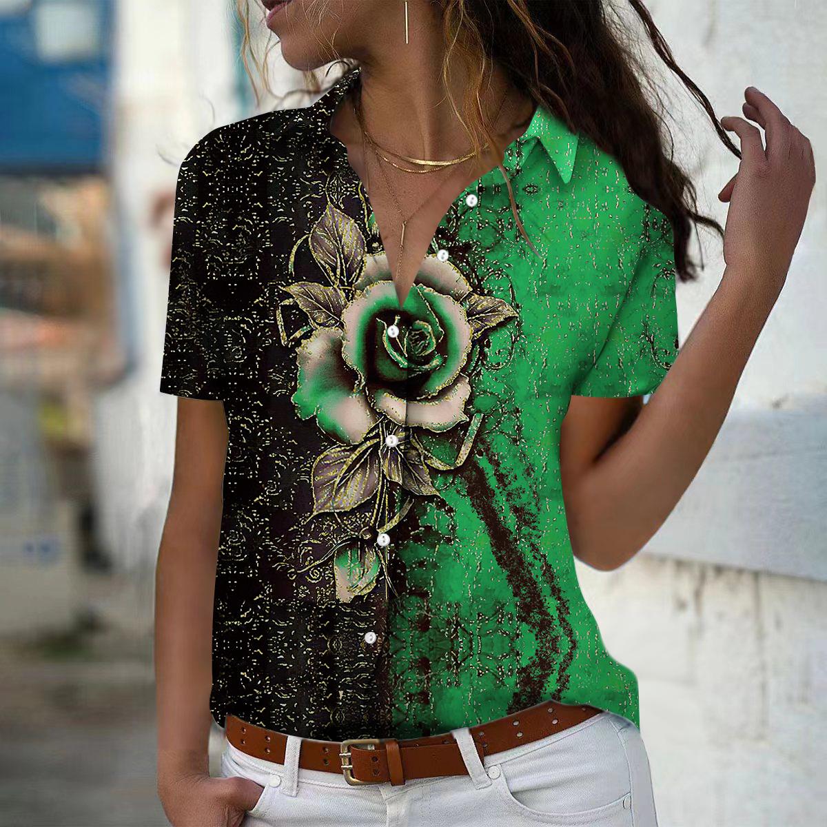 

Лето 2025 Новая Мода Женская Блузка с Коротким Рукавом и V-образным Вырезом на Пуговицах с Цветочным Принтом 8XL зелёный