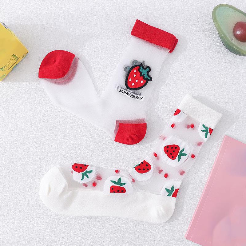1Pair Japanese Korea Style Socks Women's Casual Creative Transparent Silk Trend Fruit Print Ultrathin Glass Silk Socks