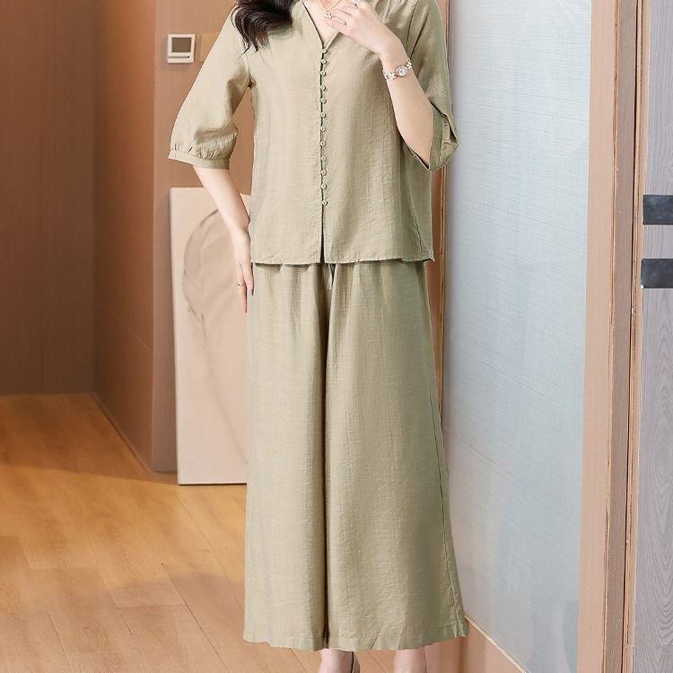 Summer 2026 Women's Cotton Linen Suit - Stylish Solid Color Two-Piece Set for Young Mothers